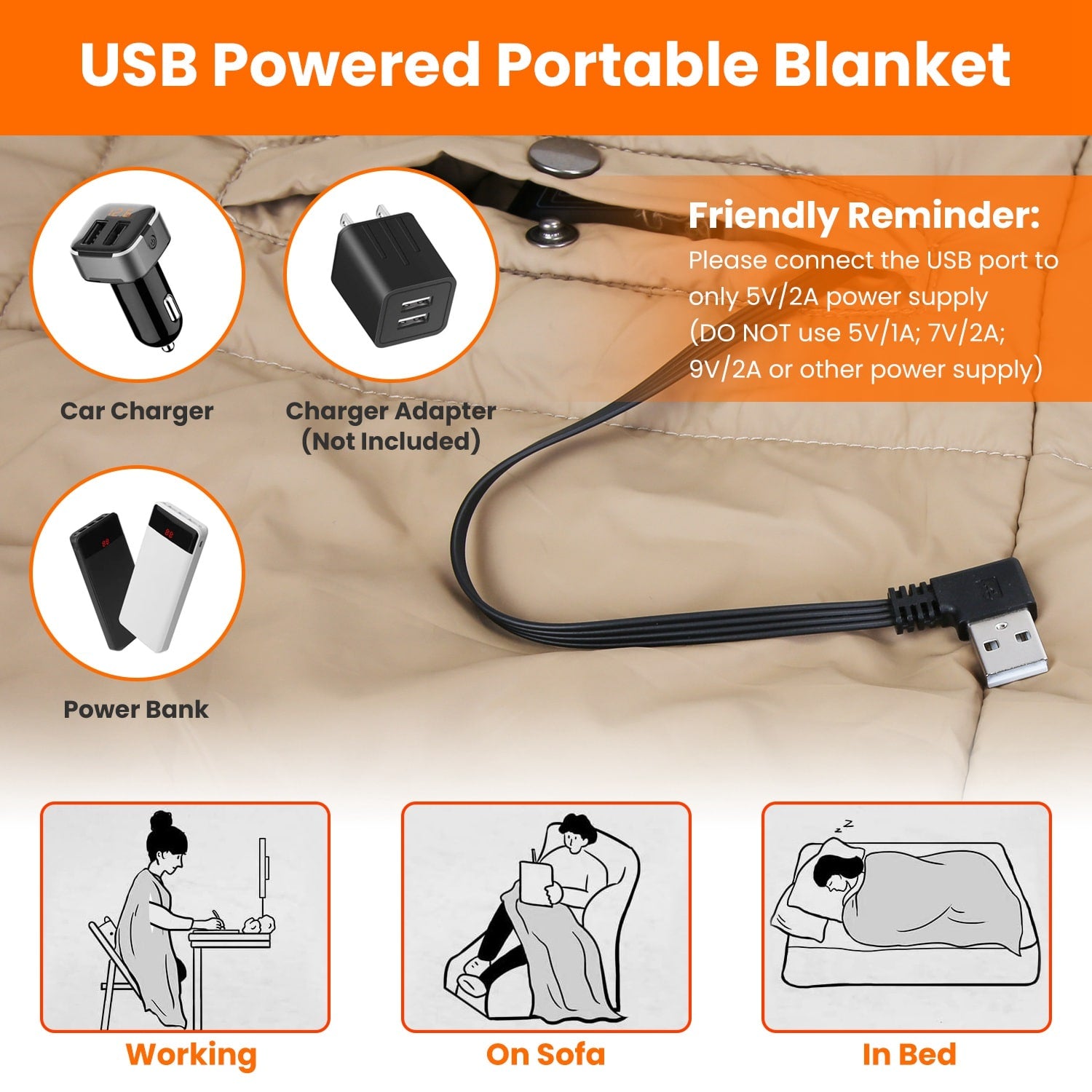 USB Wearable Heated Blanket with Zipper Armholes Dual Controls and 6 Heating Zones - Image 2
