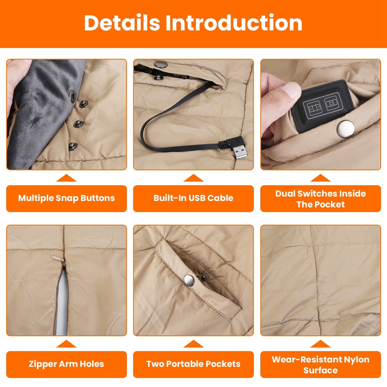 USB Wearable Heated Blanket with Zipper Armholes Dual Controls and 6 Heating Zones - Image 4