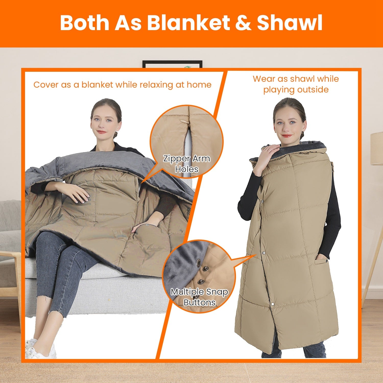 USB Wearable Heated Blanket with Zipper Armholes Dual Controls and 6 Heating Zones - Image 5