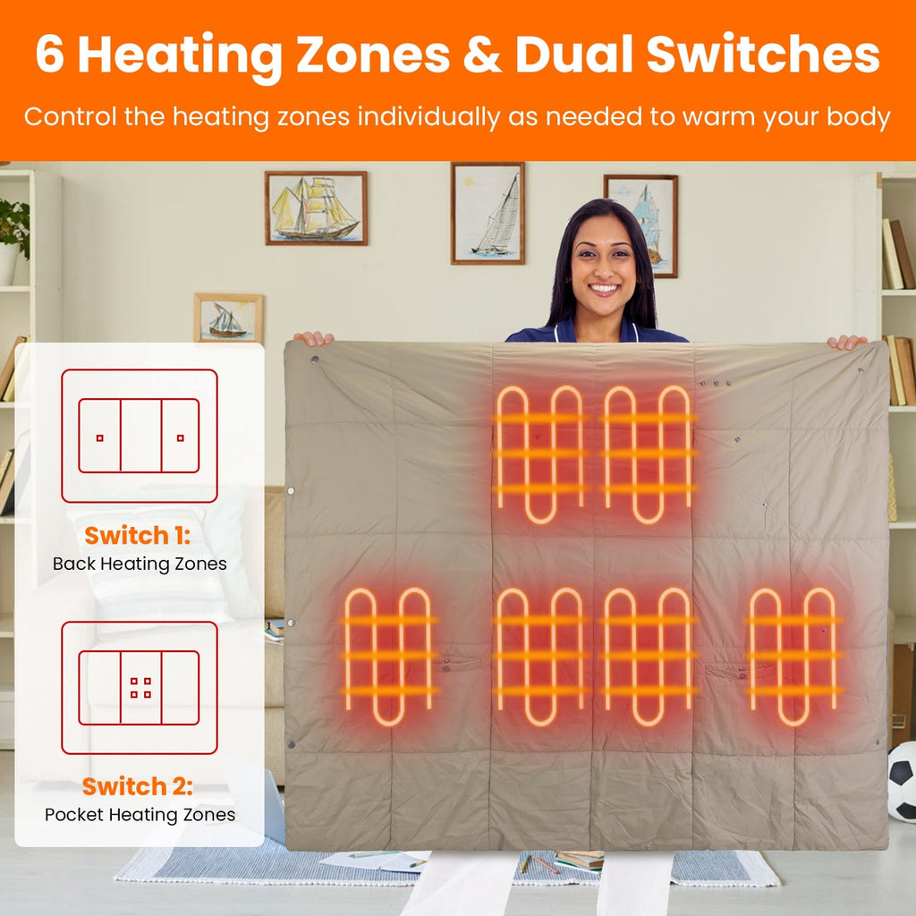 USB Wearable Heated Blanket with Zipper Armholes Dual Controls and 6 Heating Zones - Image 6