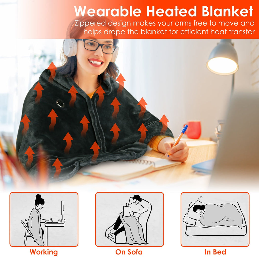USB Wearable Heated Blanket with Zipper Fleece Throw Wrap and Electric Shawl 59x31in - Image 10