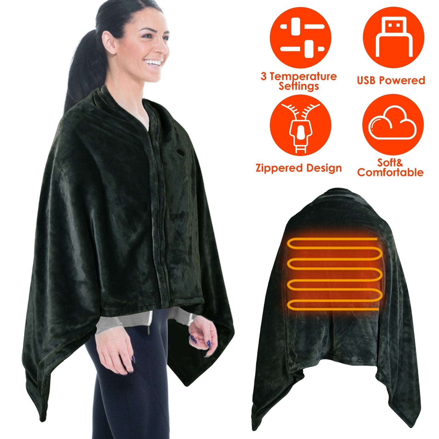 USB Wearable Heated Blanket with Zipper Fleece Throw Wrap and Electric Shawl 59x31in - Image 11
