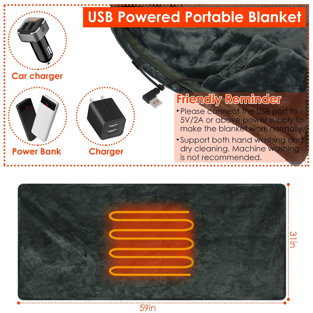 USB Wearable Heated Blanket with Zipper Fleece Throw Wrap and Electric Shawl 59x31in - Image 3