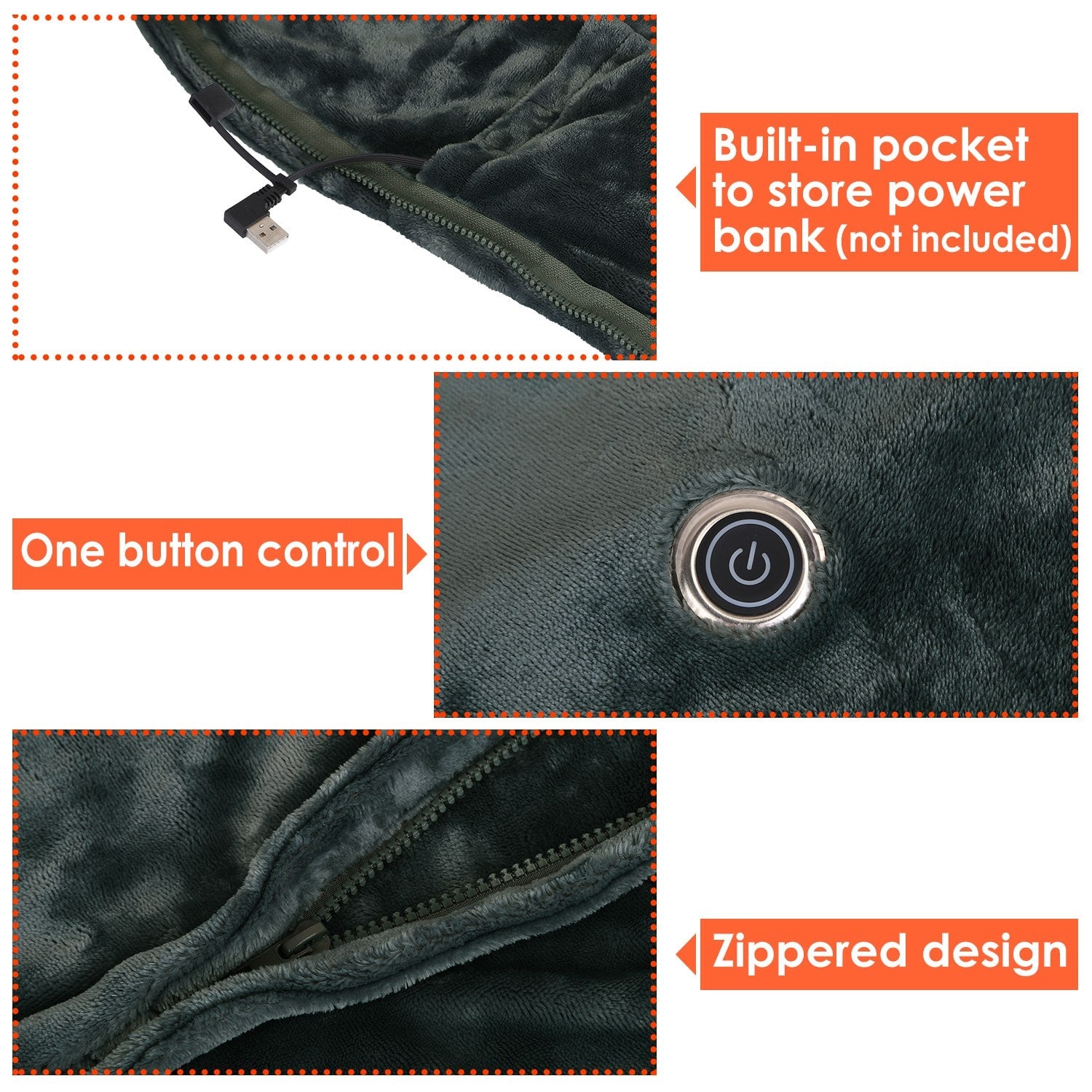 USB Wearable Heated Blanket with Zipper Fleece Throw Wrap and Electric Shawl 59x31in - Image 9
