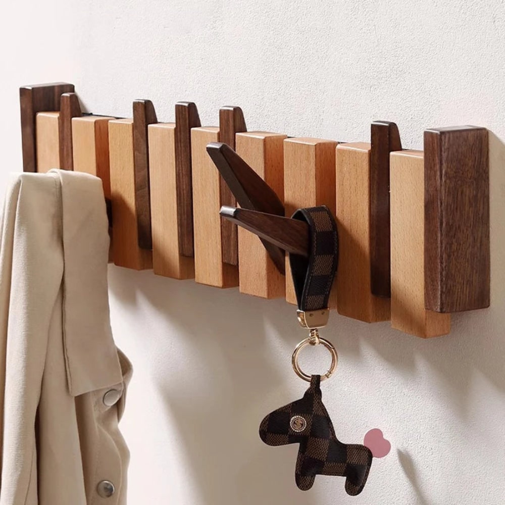 Wall Coat Rack Mounted Wooden Folding Piano Key Entryway Organizer Hooks - Image 3