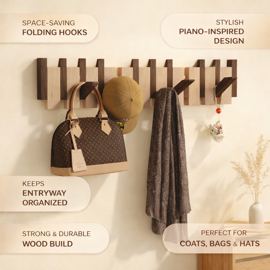 Wall Coat Rack Mounted Wooden Folding Piano Key Entryway Organizer Hooks - Image 5