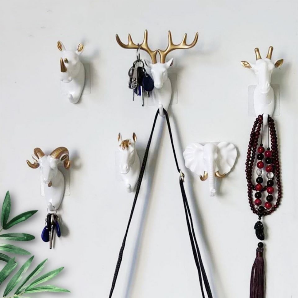 Wall Hook Key Hanger and Ring Holder with Resin Animal Head Design and No-Drill Mounting - Image 2