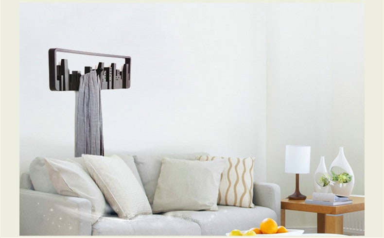 Wall Mounted and Hung Coat Rack with 5 Flip-Down Hooks Decorative Cityscape Design Wooden - Image 2