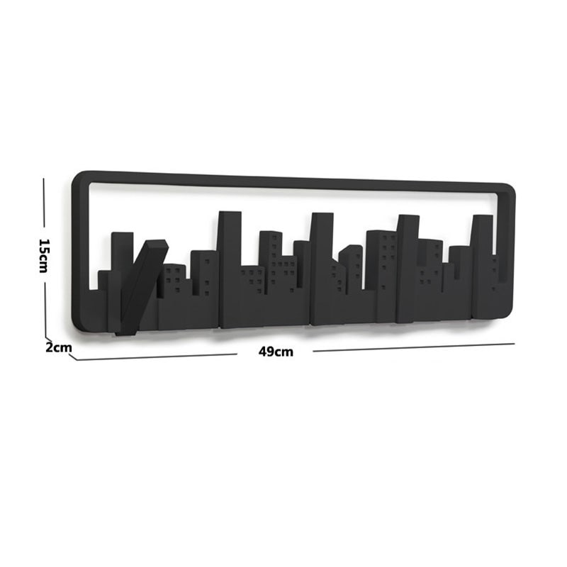 Wall Mounted and Hung Coat Rack with 5 Flip-Down Hooks Decorative Cityscape Design Wooden - Image 3