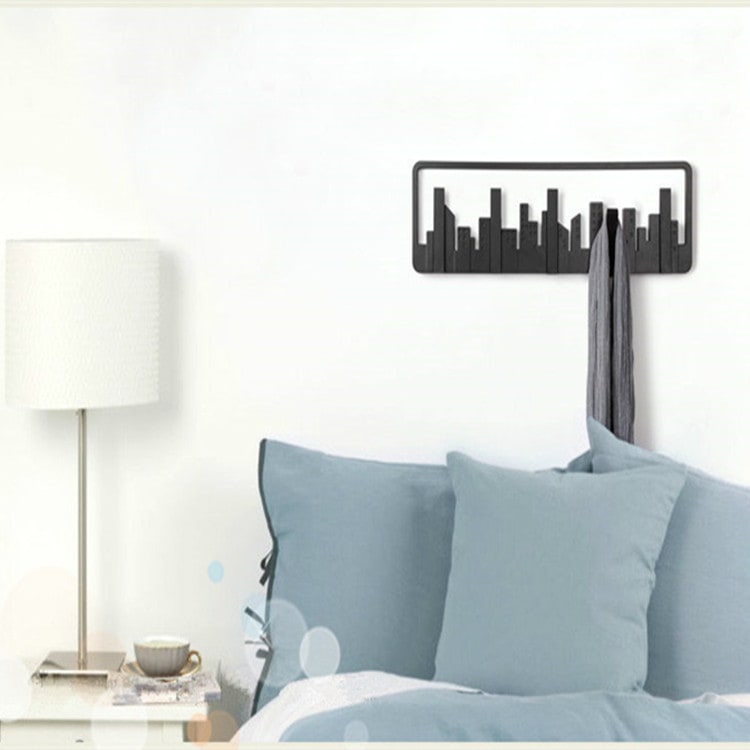 Wall Mounted and Hung Coat Rack with 5 Flip-Down Hooks Decorative Cityscape Design Wooden - Image 5
