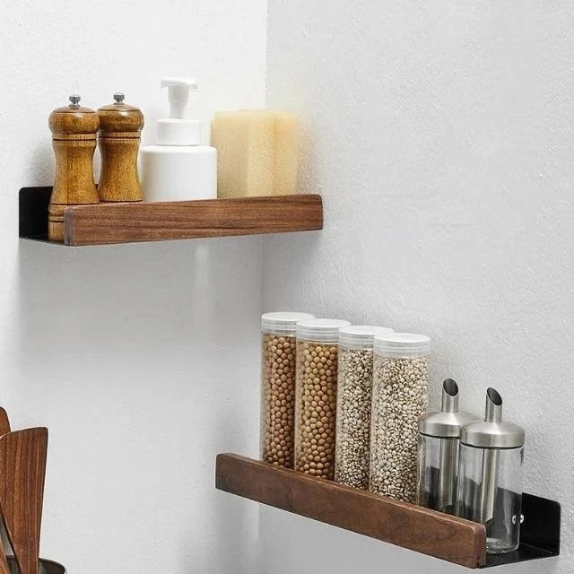Wall Mounted Floating Shelves with Wooden Front Rail and Metal Bracket - Image 1