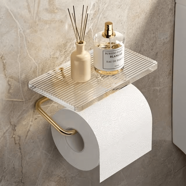 Wall-Mounted Toilet Paper Holder with Acrylic Shelf and Metal Arm Storage - Image 1