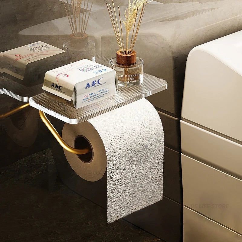 Wall-Mounted Toilet Paper Holder with Acrylic Shelf and Metal Arm Storage - Image 2