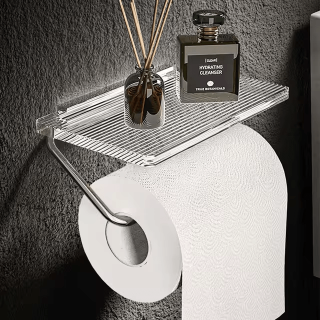 Wall-Mounted Toilet Paper Holder with Acrylic Shelf and Metal Arm Storage - Image 5