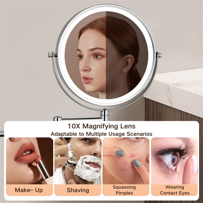 Wall Mounted Vanity Mirror for Makeup with LED Lights 10x Magnification and Folding Arm - Image 2