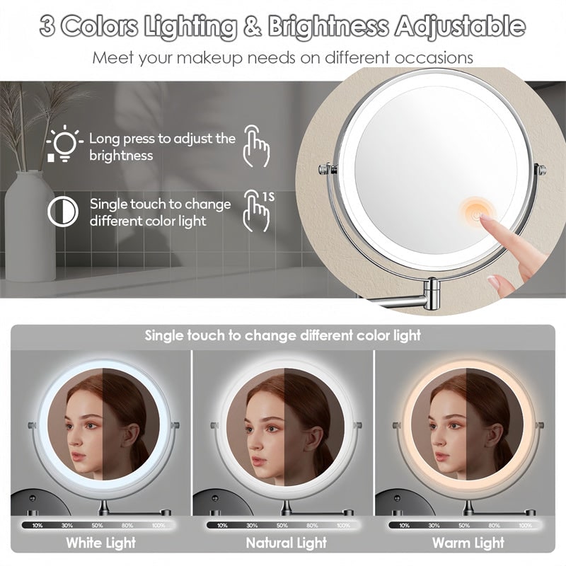 Wall Mounted Vanity Mirror for Makeup with LED Lights 10x Magnification and Folding Arm - Image 3