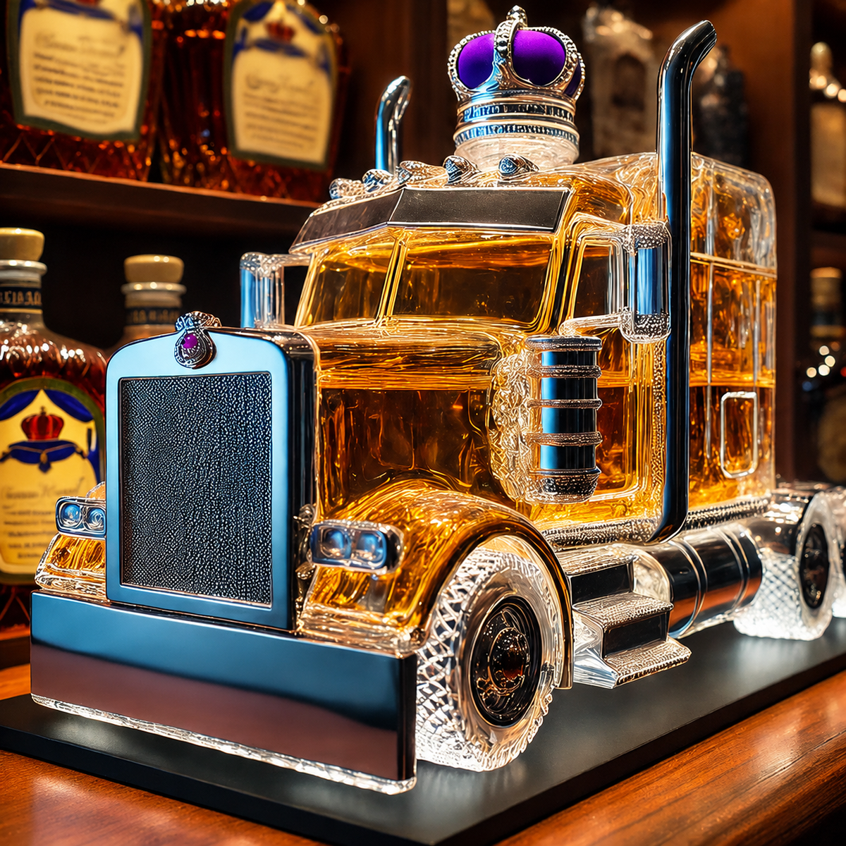 Whiskey Decanter and Glass Set with Semi Truck Design and Chrome Accents Personalised - Image 1