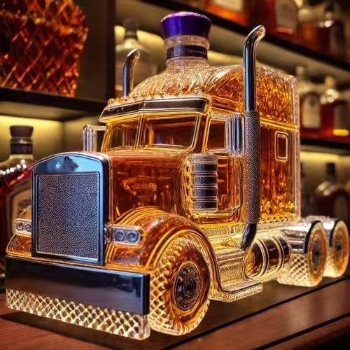 Whiskey Decanter Semi-Truck Shaped Glass Bottle with Stopper - Image 1