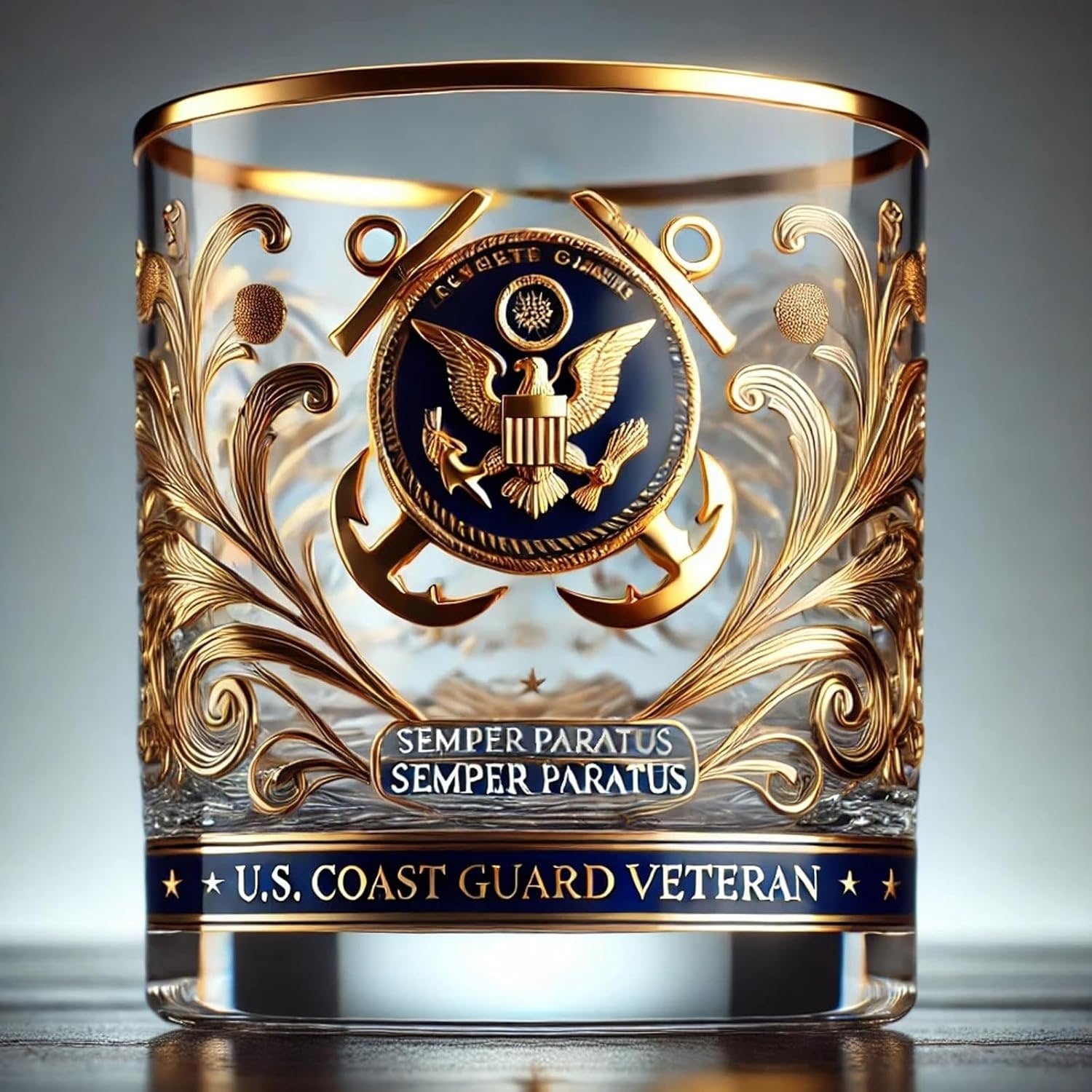 Whiskey Glass Drinking Rocks Gold Rim Embossed Veteran Gift - Image 4