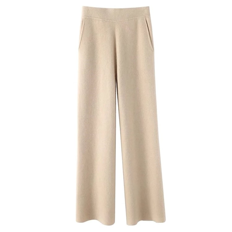 Wide Leg Pants Women's Knit High Waisted Soft Pockets Seamless Cashmere - Image 1