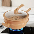 Wok Pan Non Stick Steamer Basket Glass Lid Speckled - Image 1