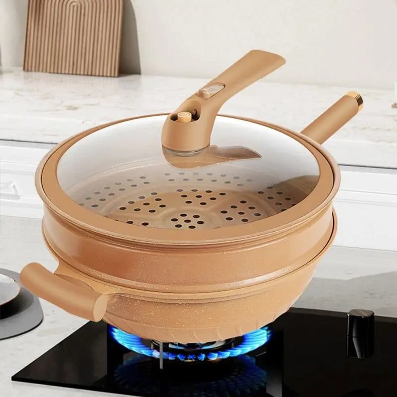 Wok Pan Non Stick Steamer Basket Glass Lid Speckled - Image 1