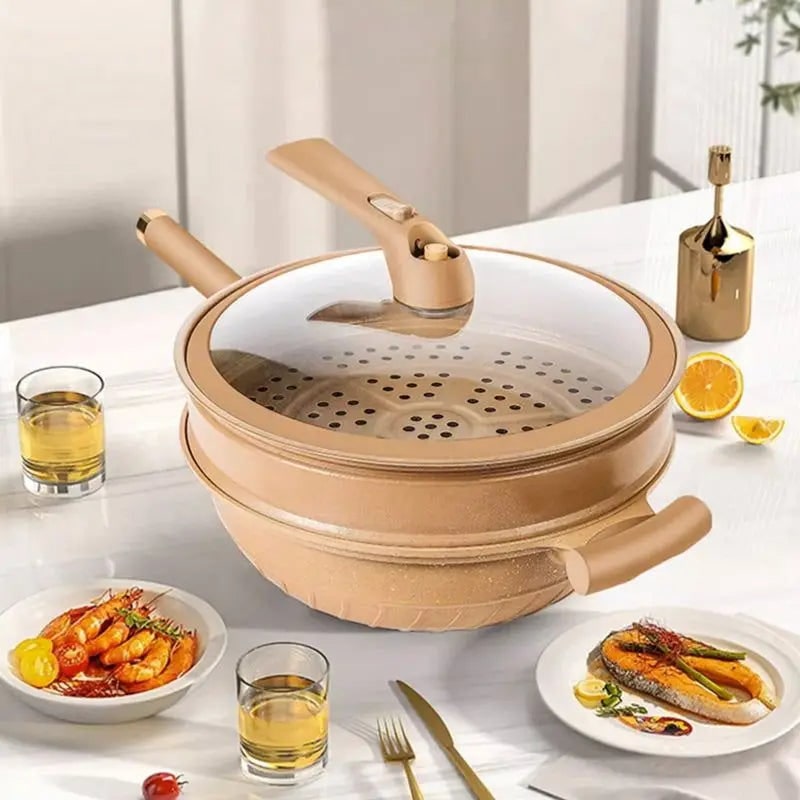 Wok Pan Non Stick Steamer Basket Glass Lid Speckled - Image 2