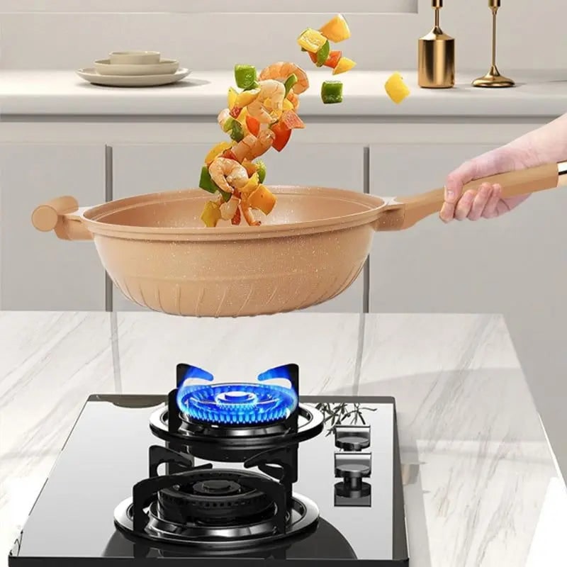 Wok Pan Non Stick Steamer Basket Glass Lid Speckled - Image 4