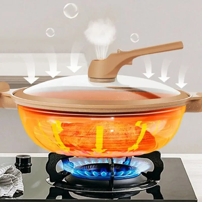 Wok Pan Non Stick Steamer Basket Glass Lid Speckled - Image 5