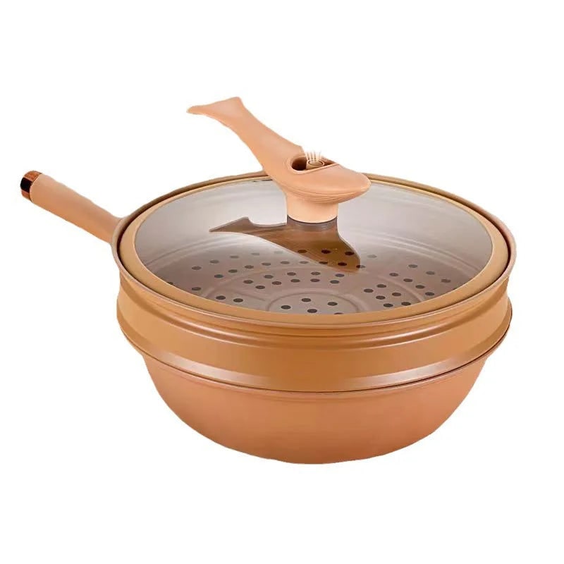 Wok Pan Non Stick Steamer Basket Glass Lid Speckled - Image 7