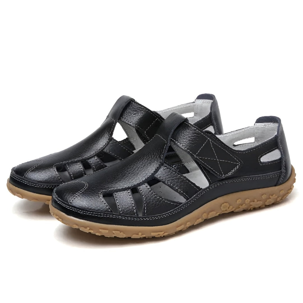 Women's Closed Toe Sandals Comfortable Cutout Walking Leather Flat Heel Strap Summer - Image 2