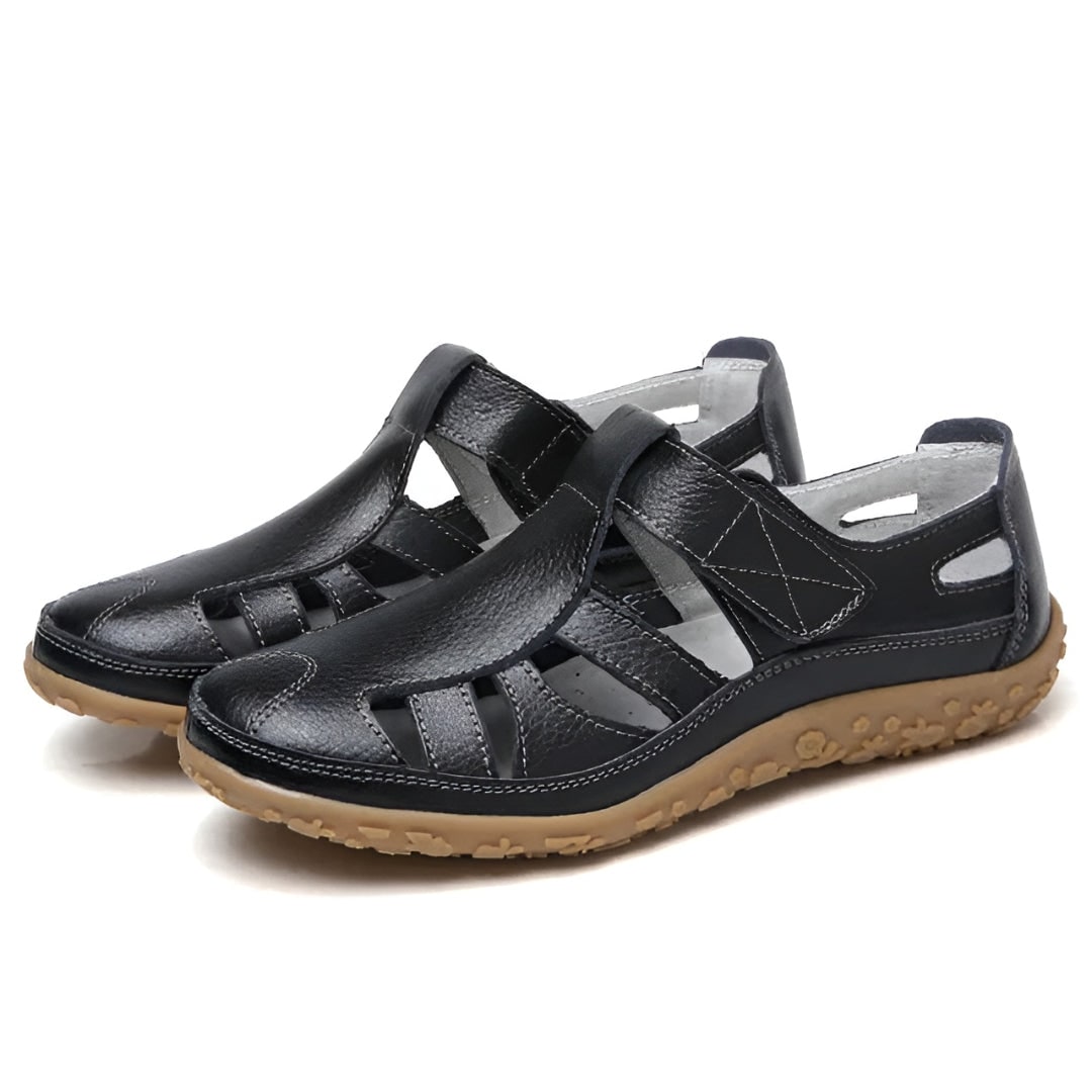 Women's Closed Toe Sandals Comfortable Cutout Walking Leather Flat Heel Strap Summer - Image 2