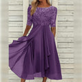 Women's Fall Wedding Guest Midi Dress with Floral Lace and Chiffon Sleeves - Image 1