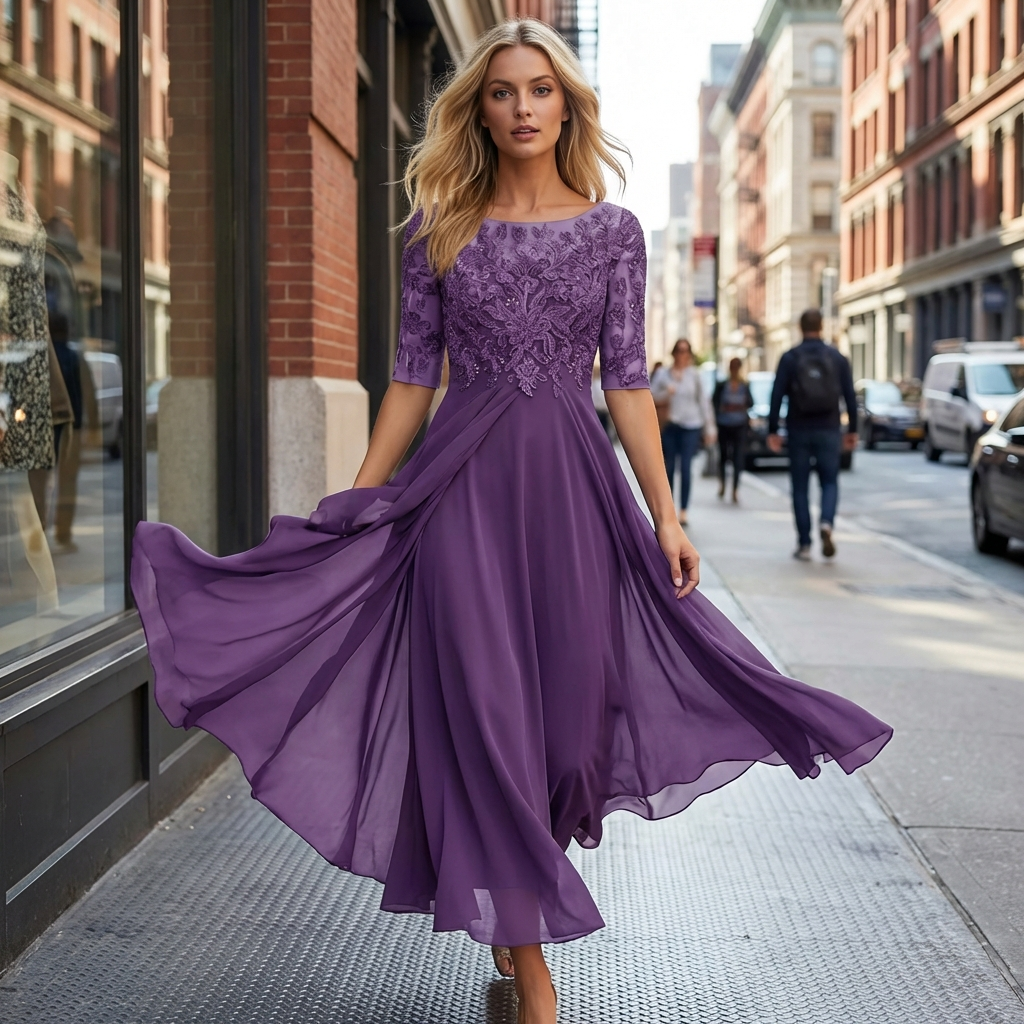 Women's Fall Wedding Guest Midi Dress with Floral Lace and Chiffon Sleeves - Image 2