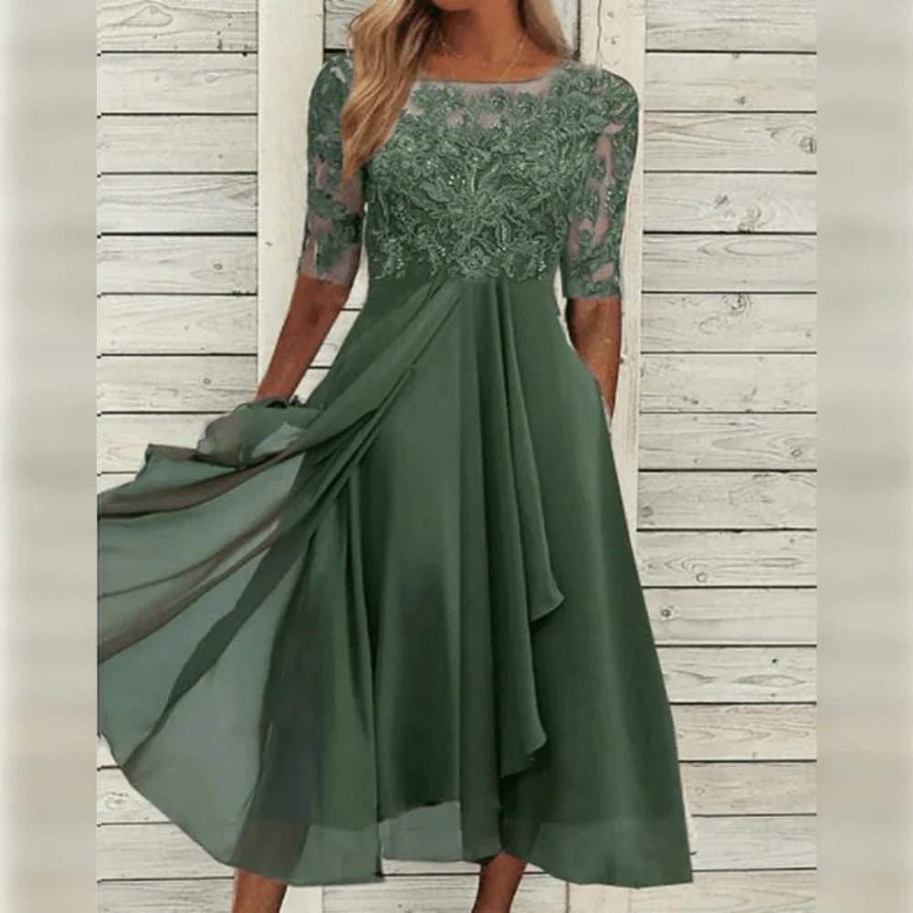 Women's Fall Wedding Guest Midi Dress with Floral Lace and Chiffon Sleeves - Image 3
