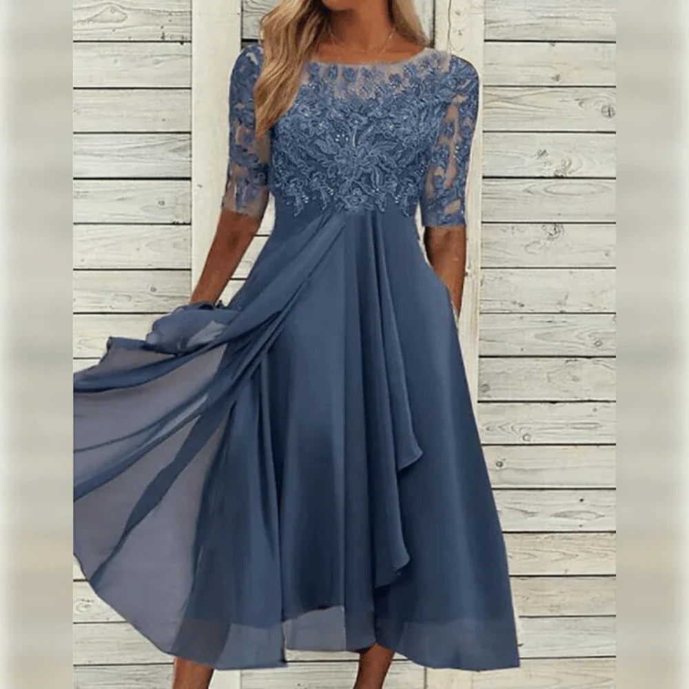 Women's Fall Wedding Guest Midi Dress with Floral Lace and Chiffon Sleeves - Image 4