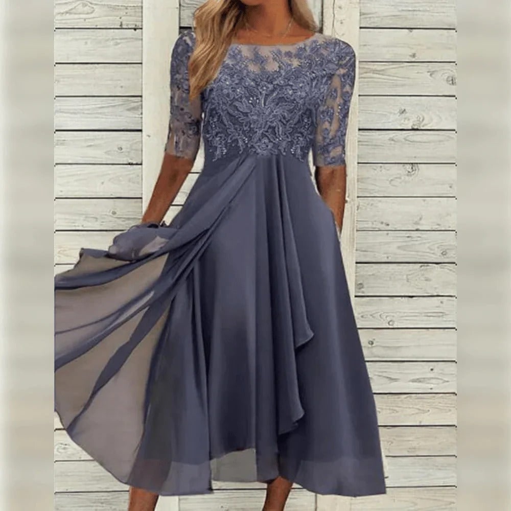 Women's Fall Wedding Guest Midi Dress with Floral Lace and Chiffon Sleeves - Image 5