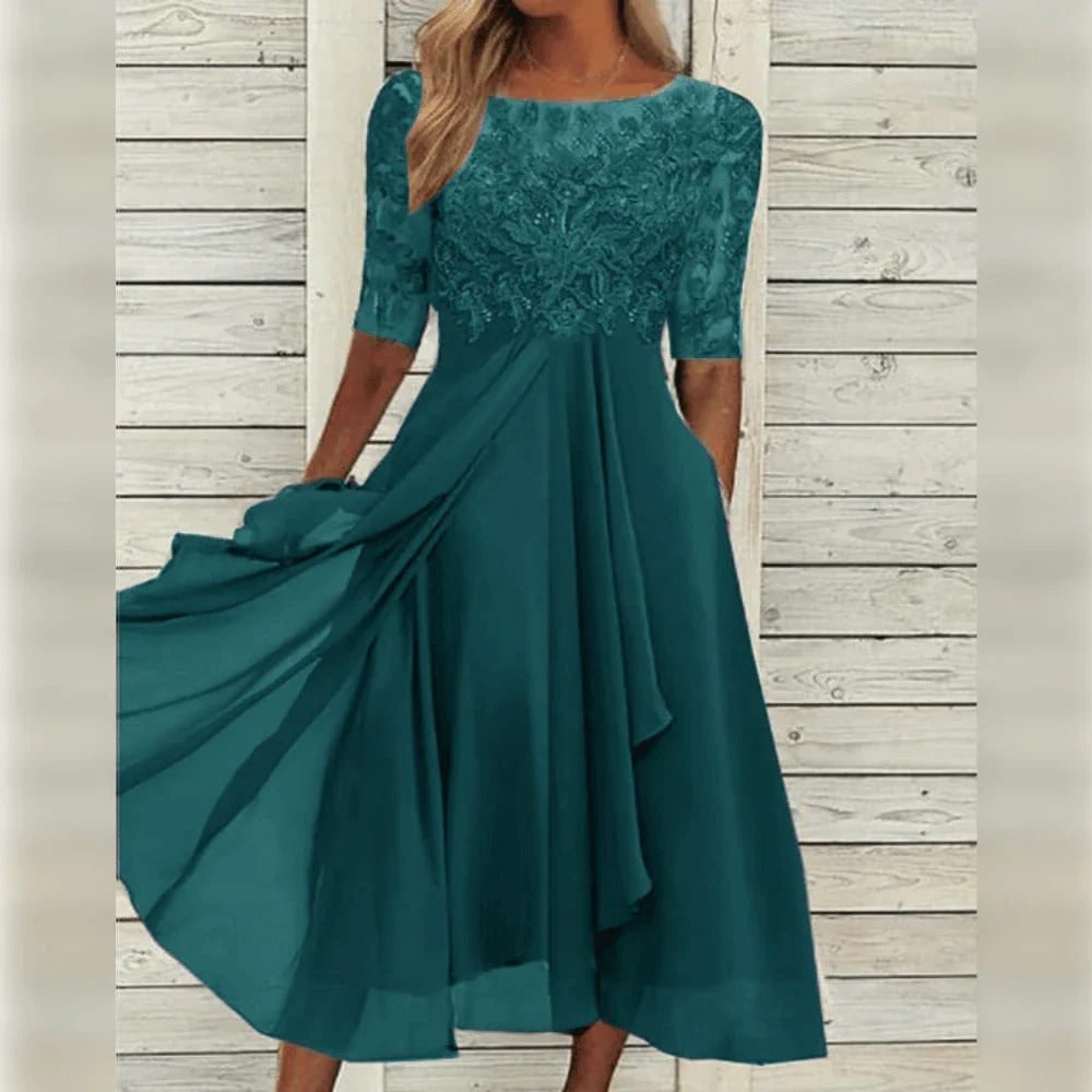 Women's Fall Wedding Guest Midi Dress with Floral Lace and Chiffon Sleeves - Image 7
