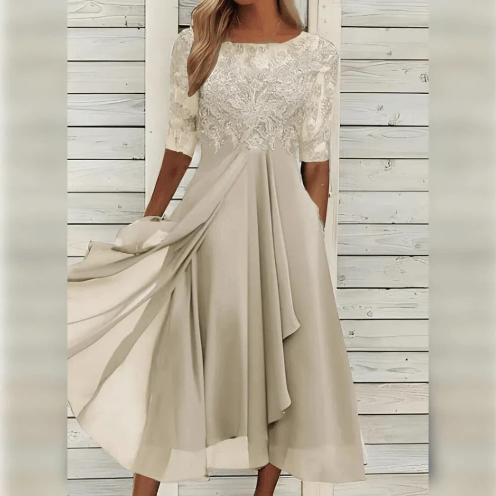 Women's Fall Wedding Guest Midi Dress with Floral Lace and Chiffon Sleeves - Image 8