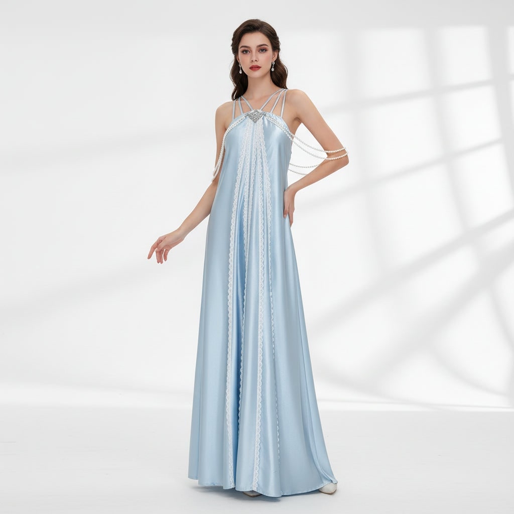 Women's Halloween Cosplay Princess Costume Dress with Satin Cape and Halter Neck for Fantasy Events - Image 1