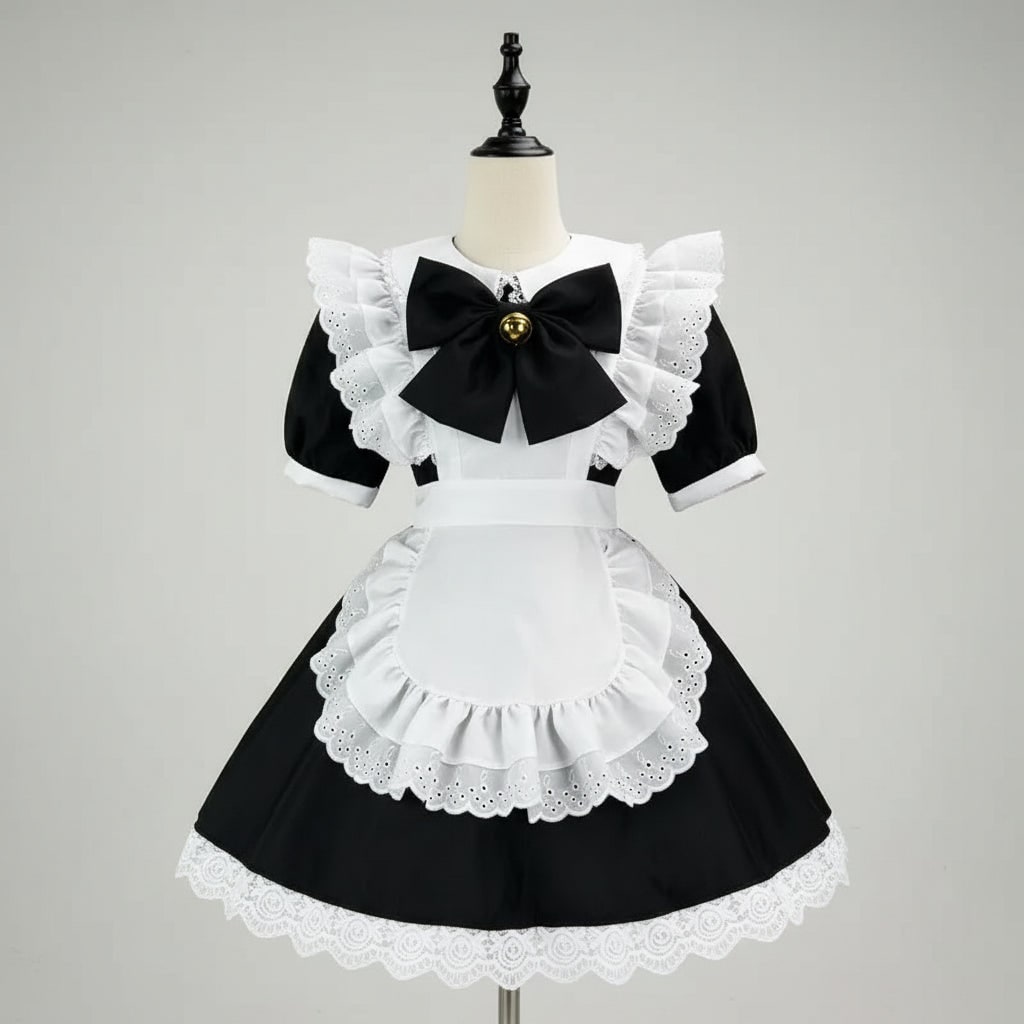 Women's Halloween French Maid Costume Dress with Apron and Puff Sleeves for Plus Size Party - Image 10