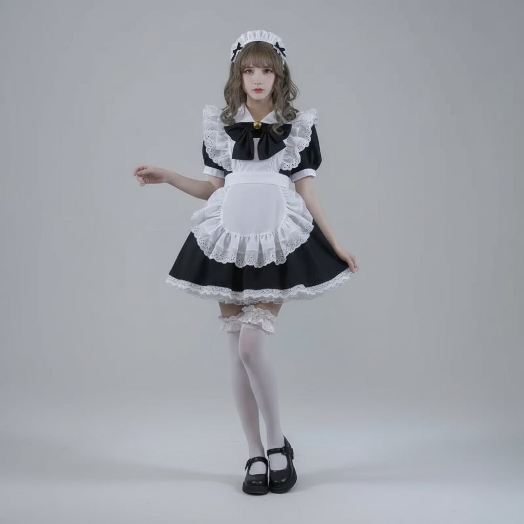 Women's Halloween French Maid Costume Dress with Apron and Puff Sleeves for Plus Size Party - Image 11