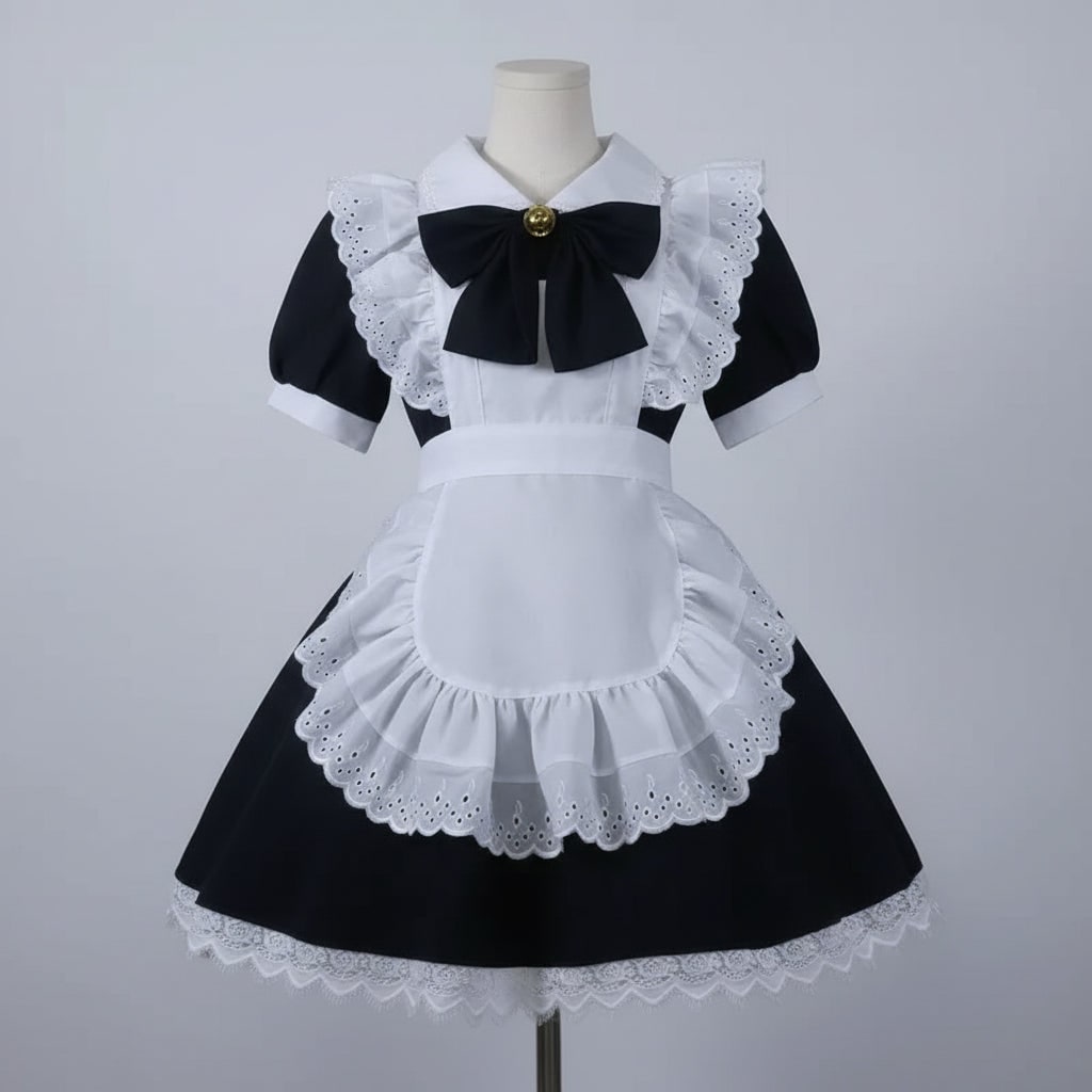 Women's Halloween French Maid Costume Dress with Apron and Puff Sleeves for Plus Size Party - Image 2
