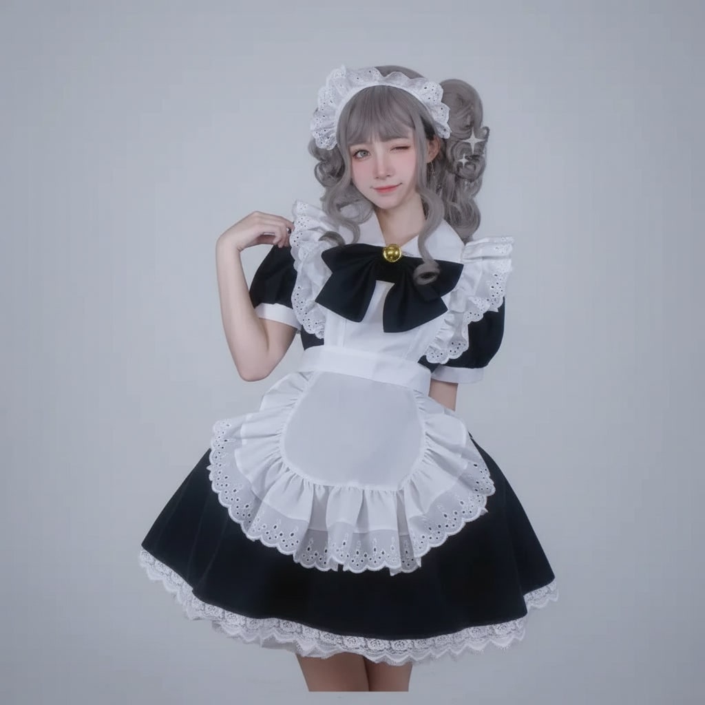 Women's Halloween French Maid Costume Dress with Apron and Puff Sleeves for Plus Size Party - Image 7