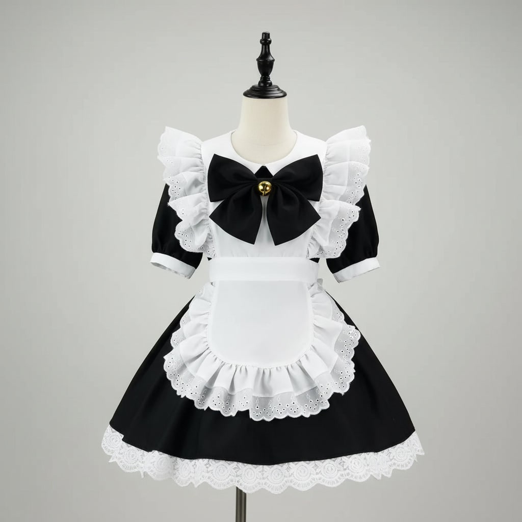 Women's Halloween French Maid Costume Dress with Apron and Puff Sleeves for Plus Size Party - Image 8