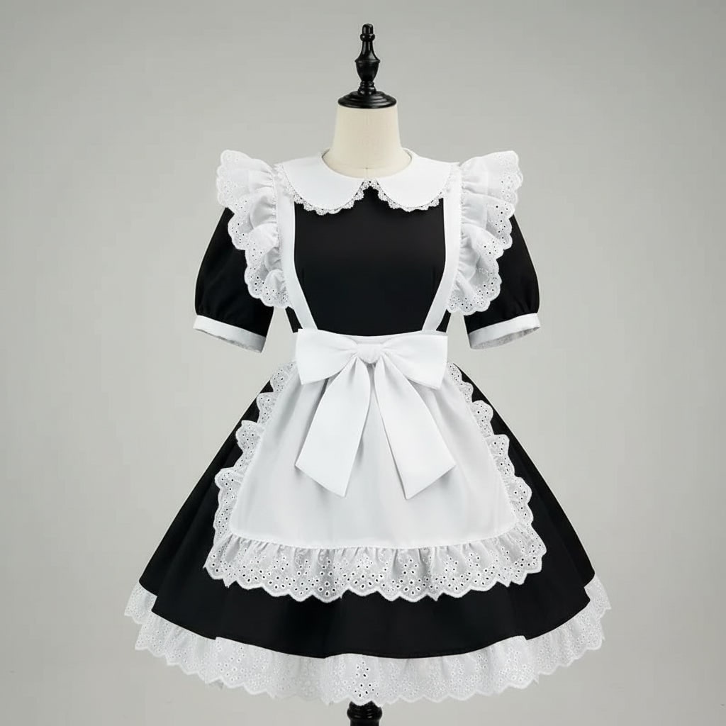 Women's Halloween French Maid Costume Dress with Apron and Puff Sleeves for Plus Size Party - Image 9
