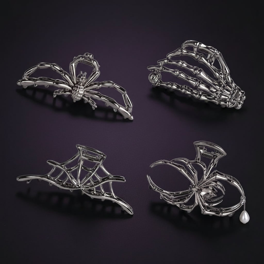 Women's Halloween Hair Claw Clips with Skeleton Hand Bat Wing and Spiderweb Metal Decorative Design - Image 1