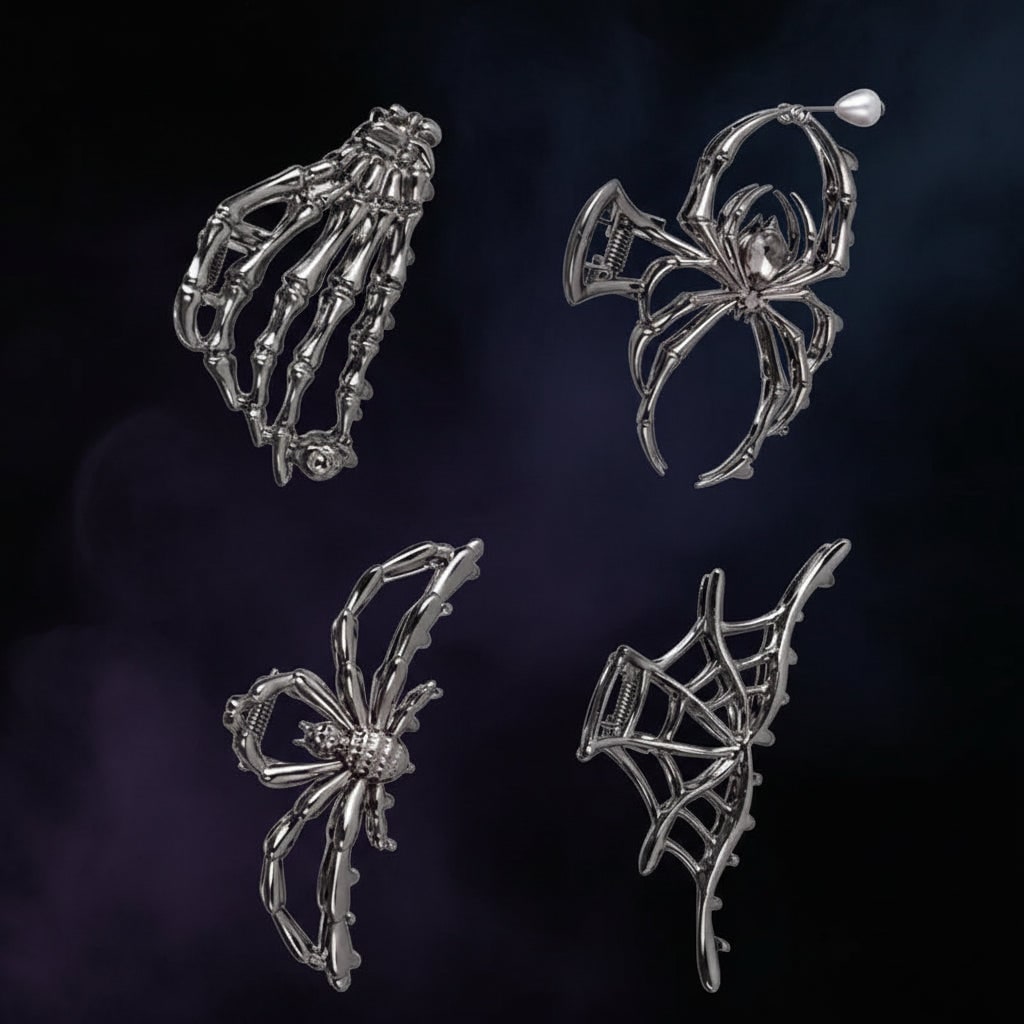 Women's Halloween Hair Claw Clips with Skeleton Hand Bat Wing and Spiderweb Metal Decorative Design - Image 10