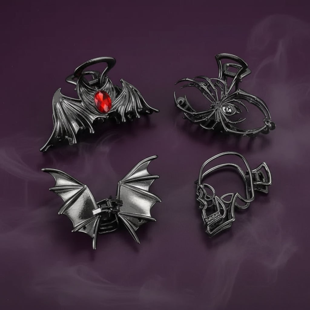 Women's Halloween Hair Claw Clips with Skeleton Hand Bat Wing and Spiderweb Metal Decorative Design - Image 11