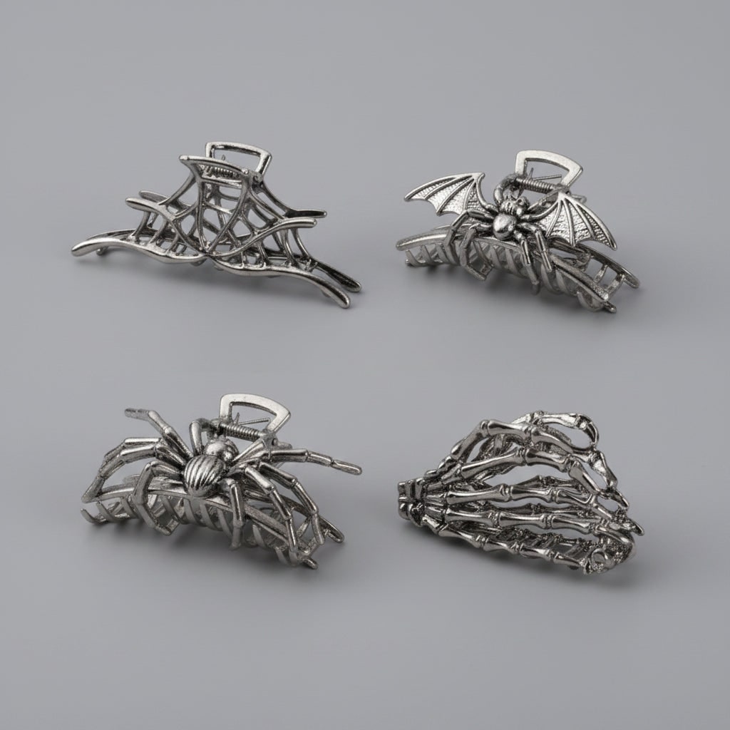 Women's Halloween Hair Claw Clips with Skeleton Hand Bat Wing and Spiderweb Metal Decorative Design - Image 2